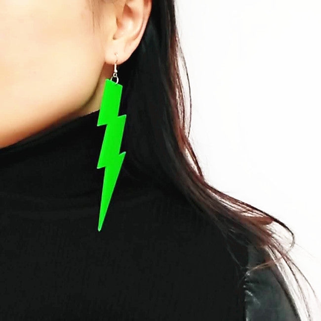 Green Glitter Lightning Earrings Rock Star 80s