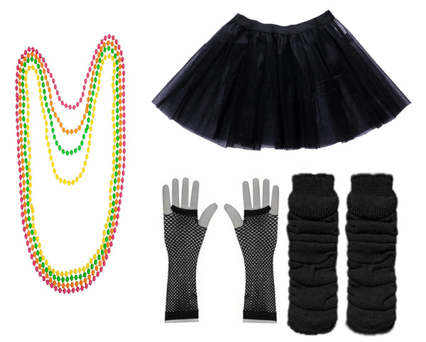 Black Coobey Ladies 80s Tutu Skirt Fishnet Gloves Leg Warmers Necklace