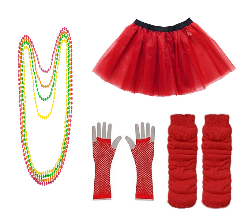 Red Coobey Ladies 80s Tutu Skirt Fishnet Gloves Leg Warmers Necklace