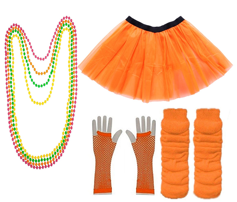 Orange Coobey Ladies 80s Tutu Skirt Fishnet Gloves Leg Warmers Necklace