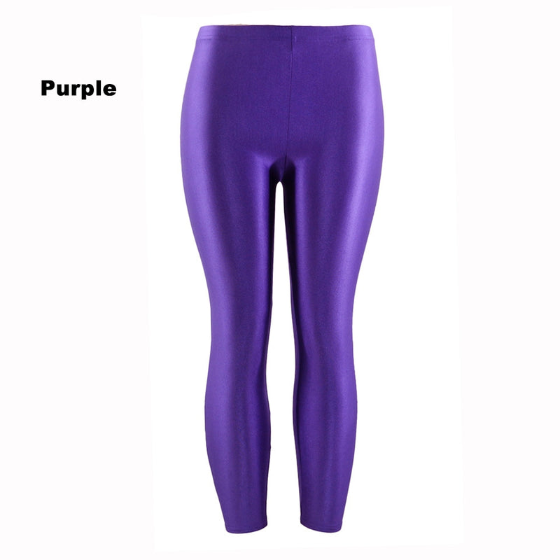 Purple 80s Shiny Neon Costume Leggings Stretch Metallic Pants