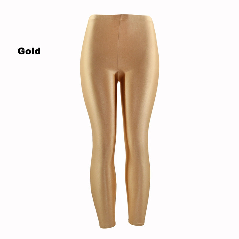 Gold 80s Shiny Neon Costume Leggings Stretch Metallic Pants