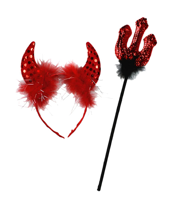 Red Devil Horns Headband And Pitch Fork Satan Trident