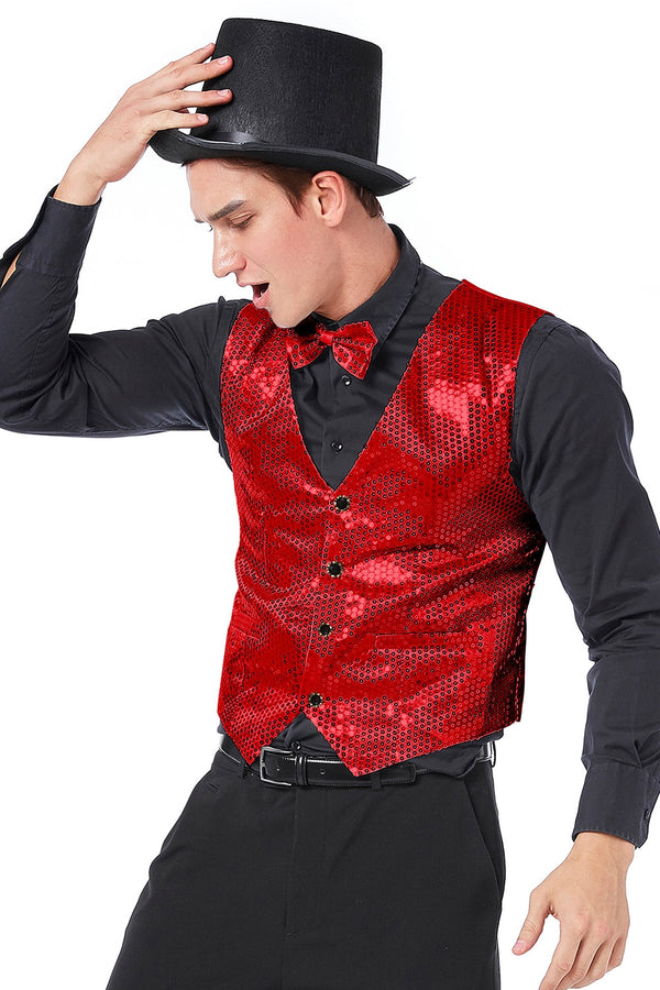 Unisex Red Sequin Vest Waistcoat 80s Disco Dance Costume