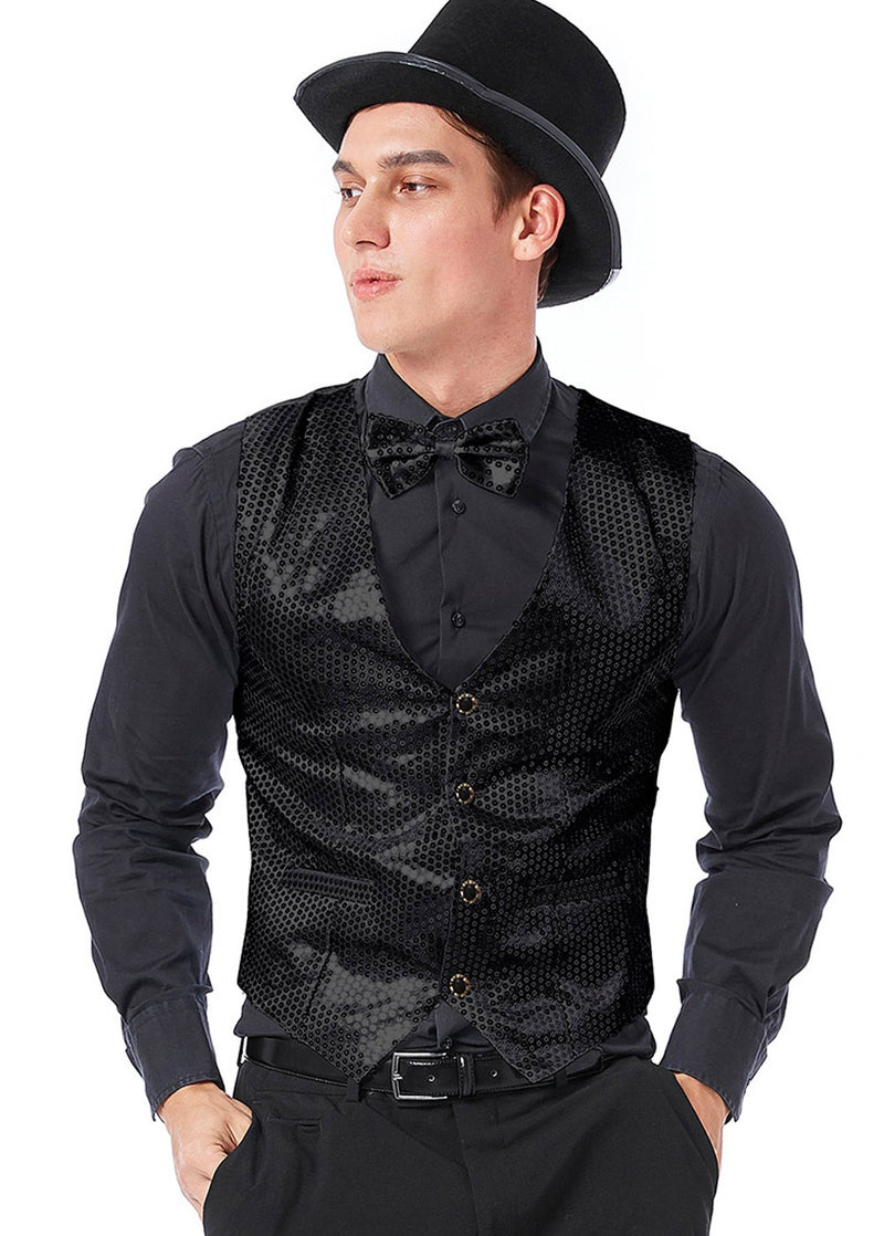 Unisex Black Sequin Vest Waistcoat 80s Disco Dance Party Show Costume