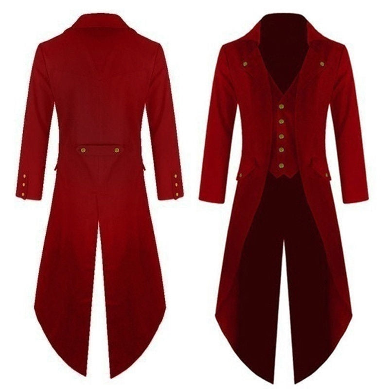 Red Mens Steampunk Gothic Victorian Frock Coat Business Suit Ringmaster
