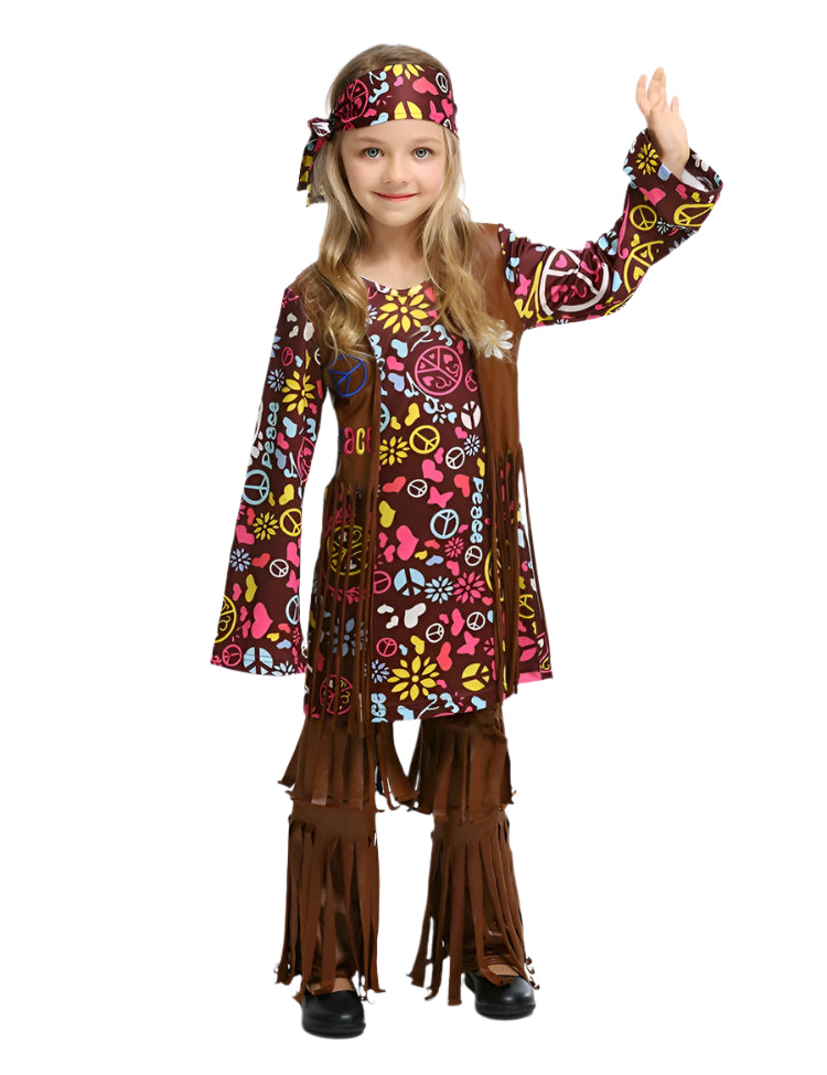 Girls 60s Hippie Costume - Peace & Love Dress with Vest & Headband