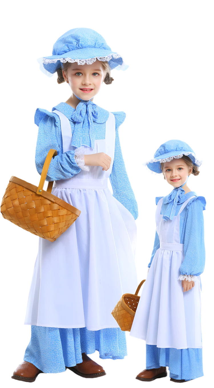 Kids Victorian Pioneer Girl Costume - Blue Polka Dot Dress with Apron & Bonnet