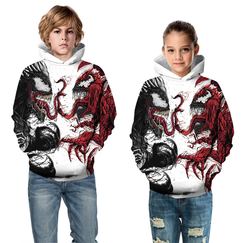 Kids white hoodie with black and red dual symbiote alien print, front view showing dramatic split-face design