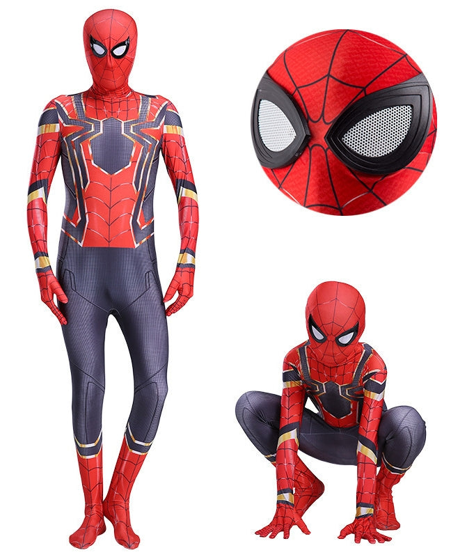Kids armored spider hero costume full body view showing red and navy tech suit with gold accents