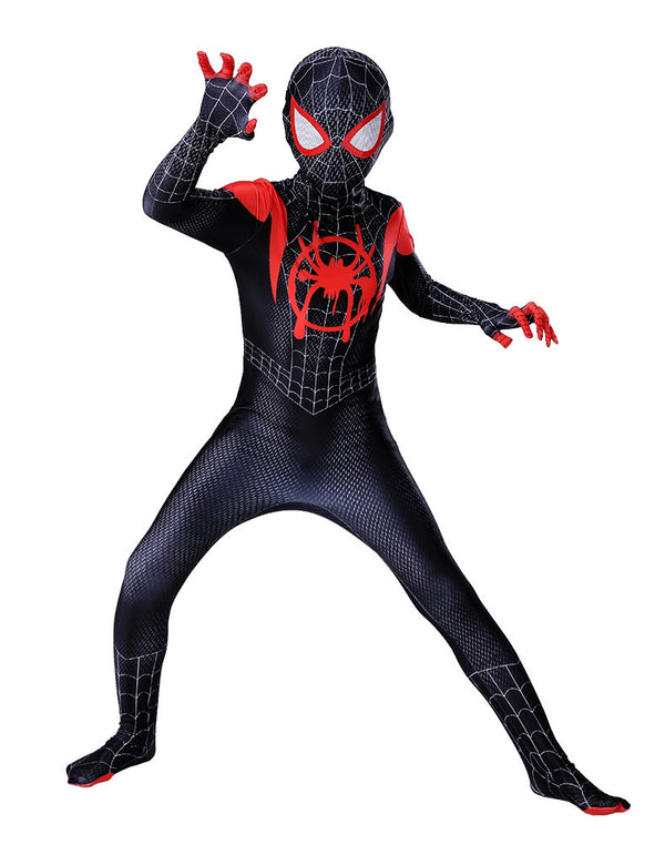Boys black and red spider hero full body costume with red spider emblem and mesh eye mask