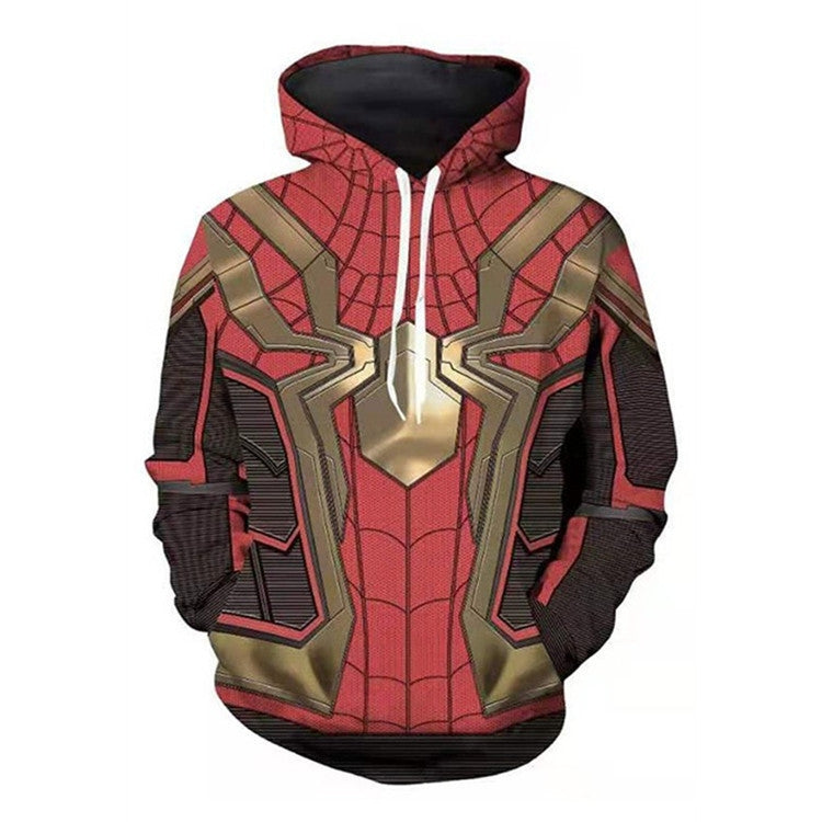 Adult superhero hoodie in red with gold armored tech suit print and spider emblem
