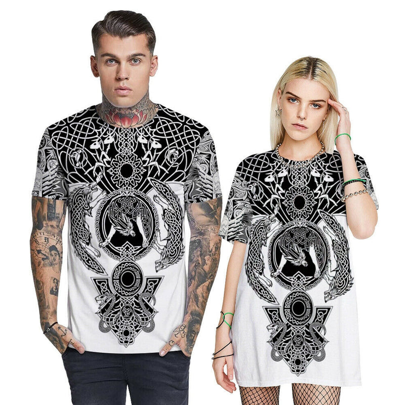Adult Viking tattoo T-shirt with Celtic knotwork and Norse dragon design in black and white