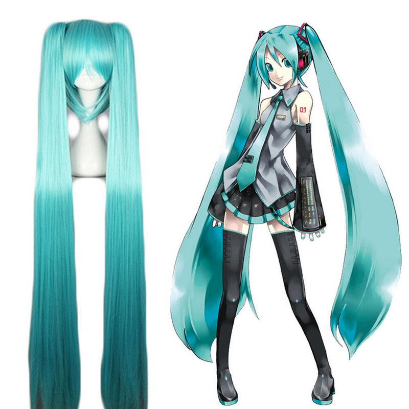 Turquoise twin-tail anime idol wig with long straight ponytails and center-parted bangs on white background