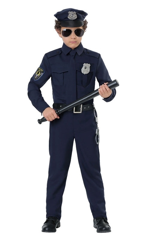 Child wearing complete navy blue police officer costume with cap, badge, and accessories
