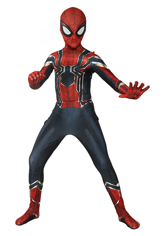 Kids in red and blue spider hero costume with mask and web-printed jumpsuit