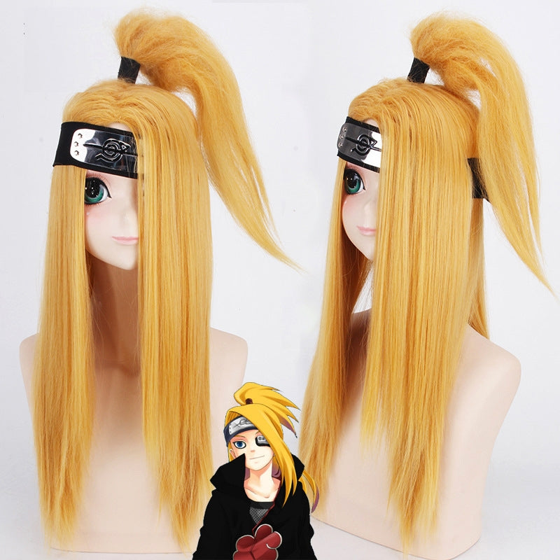 Golden blonde anime ninja wig with long straight hair and high ponytail on mannequin head