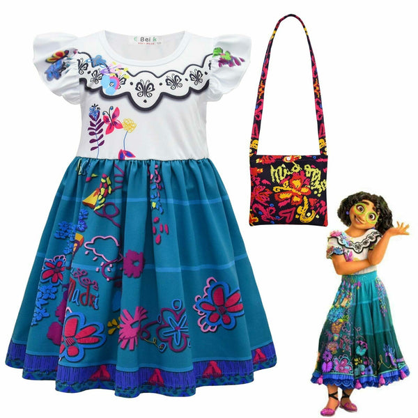 Girls magical girl costume dress with embroidered floral appliquรฉs and teal skirt