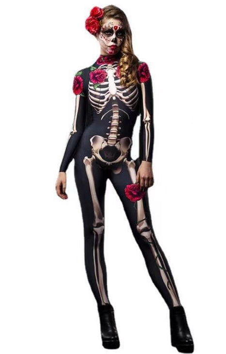 Womens black skeleton jumpsuit with white bone print and red rose accents for Day of the Dead costume