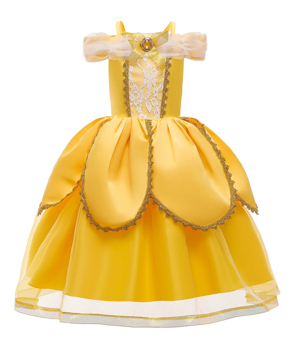 Girls yellow princess ball gown costume with off-shoulder sleeves and gold trim, front view
