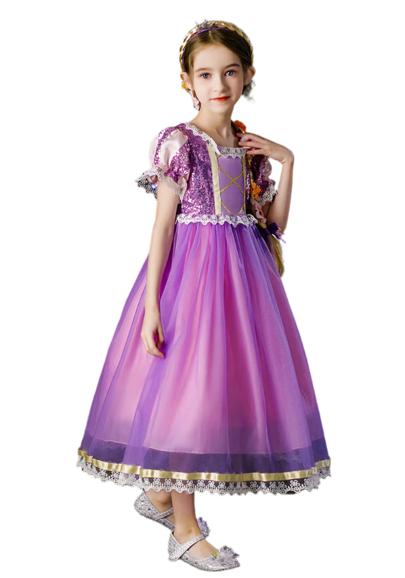 Girls purple princess costume with sequined bodice and ombré tulle skirt, full-length view