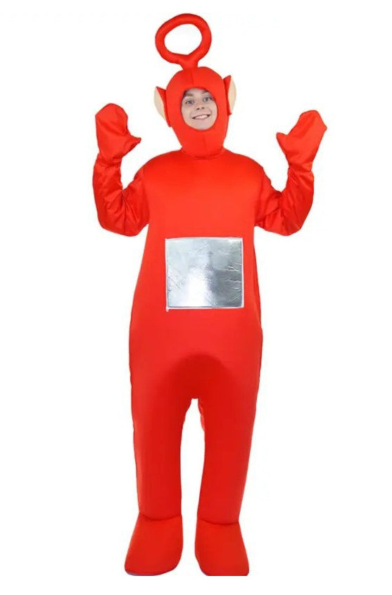 Adult wearing red Tubby character jumpsuit with silver screen and antenna headpiece