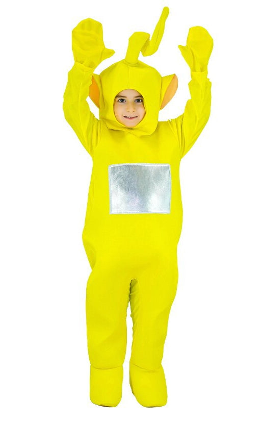 Child wearing yellow Yellow Antenna Antenna TV Friends costume with hood antenna and silver tummy screen