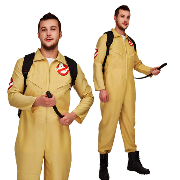 Mens tan ghost hunter jumpsuit costume with red logo patches and black backpack