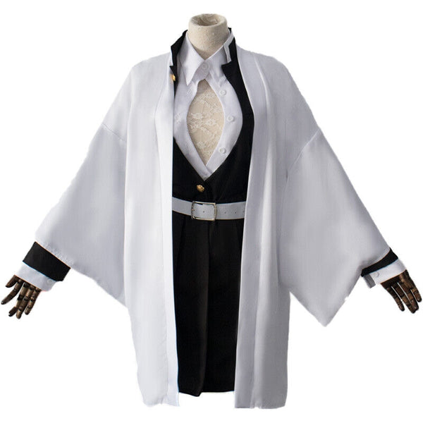 Womens anime swordsman cosplay costume with white cape and black military jacket on mannequin
