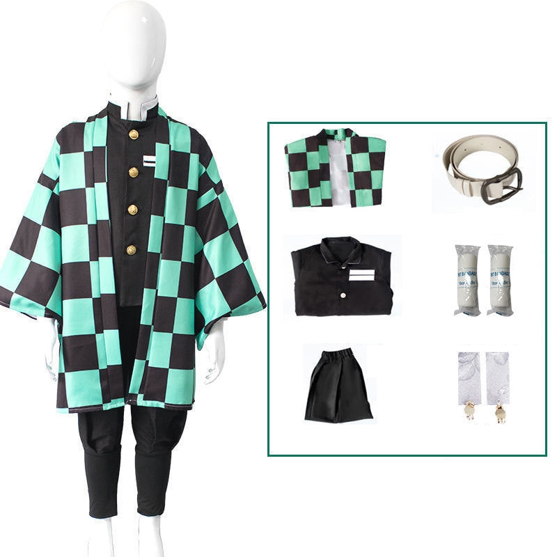 Adult anime swordsman costume with mint-green checkered haori and black uniform