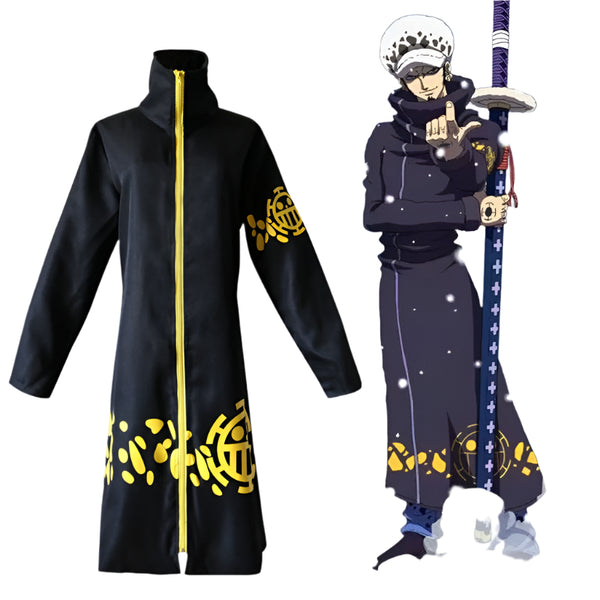 Adult anime surgeon pirate costume with long black coat featuring yellow heart emblems and white spotted cap