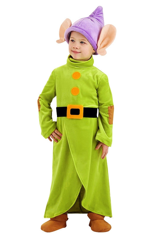 Child wearing lime green dwarf costume with purple pointed hat and oversized ears, orange belt, brown foot covers