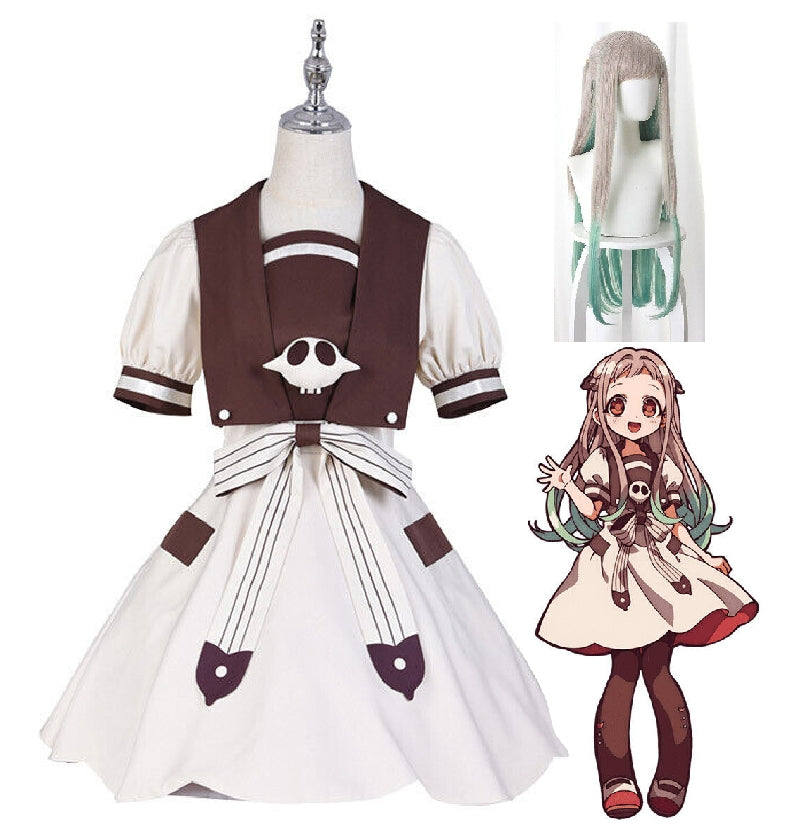 Womens anime school uniform costume with cream dress, brown vest, and teal-tipped wig on model