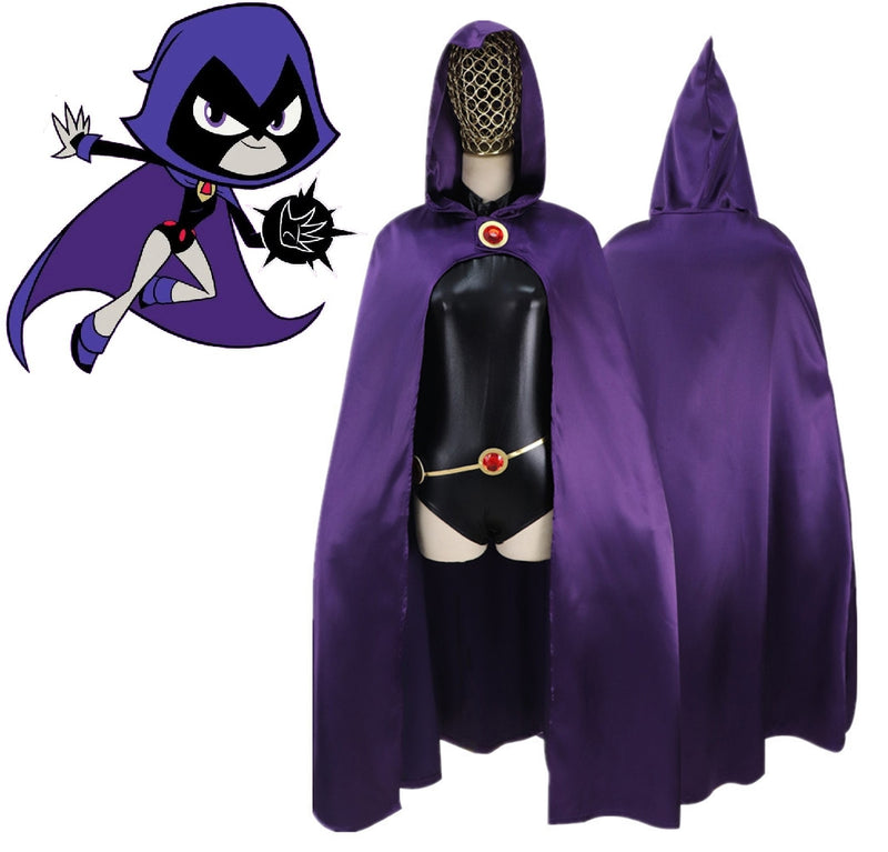 Womens dark mystic superhero costume with purple hooded cape and black bodysuit front view