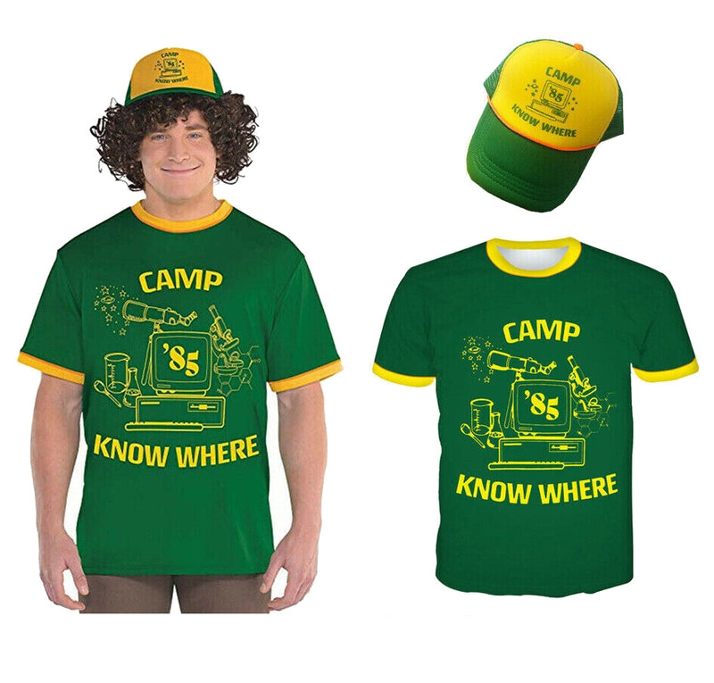 Forest green ringer tee with yellow trim and vintage Camp 85 computer graphic