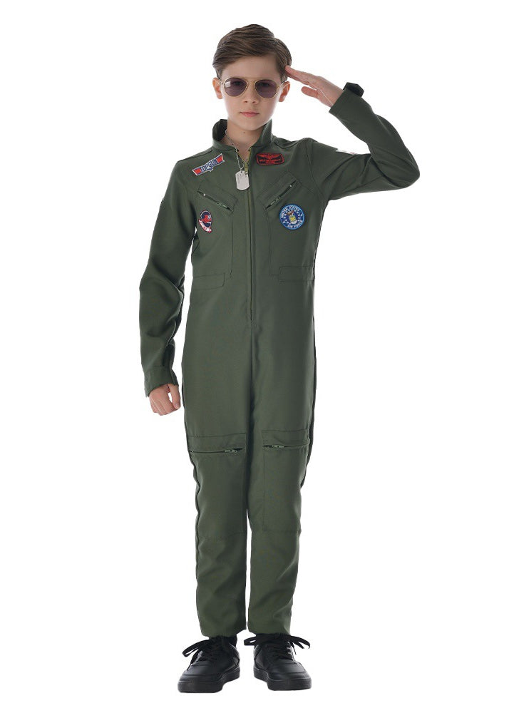 Child wearing olive green fighter pilot flight suit costume with aviator sunglasses and dog tag