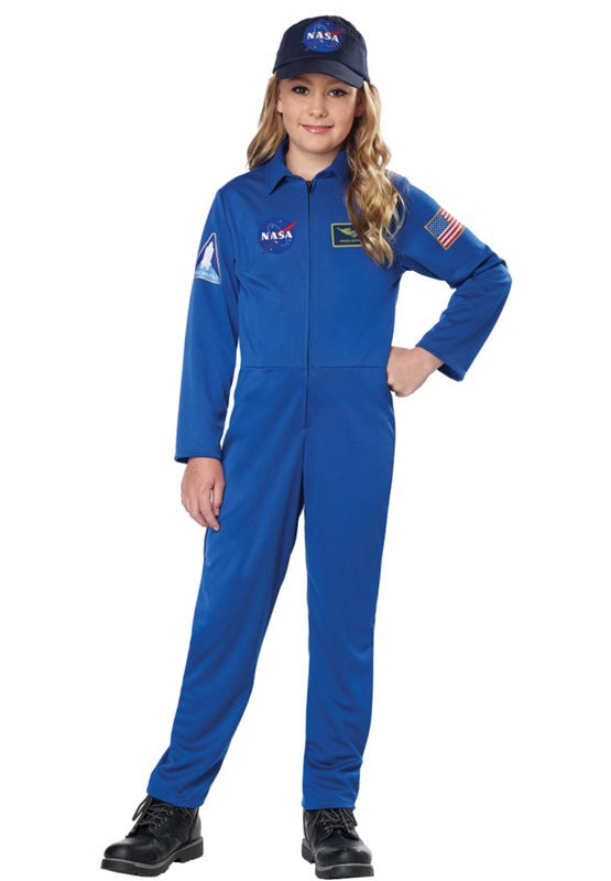 Child wearing royal blue NASA astronaut flight suit costume with patches and navy cap