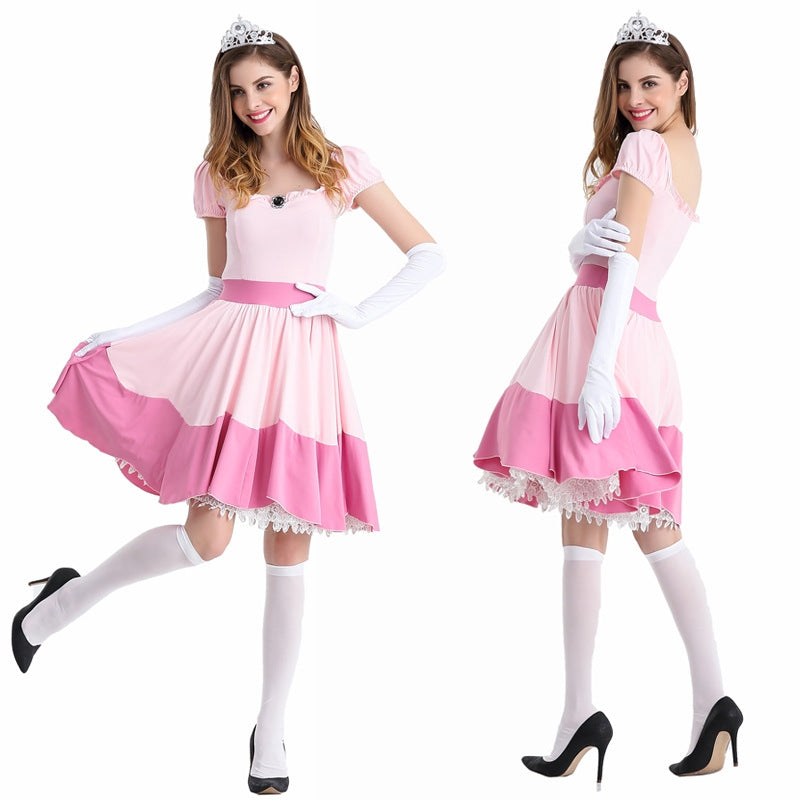 Womens pink princess costume dress with gradient ombrรฉ skirt, tiara and white gloves