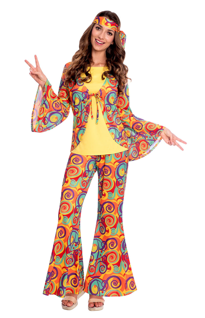 Womens 60s hippie costume with psychedelic swirl print bell-bottoms and flowing jacket