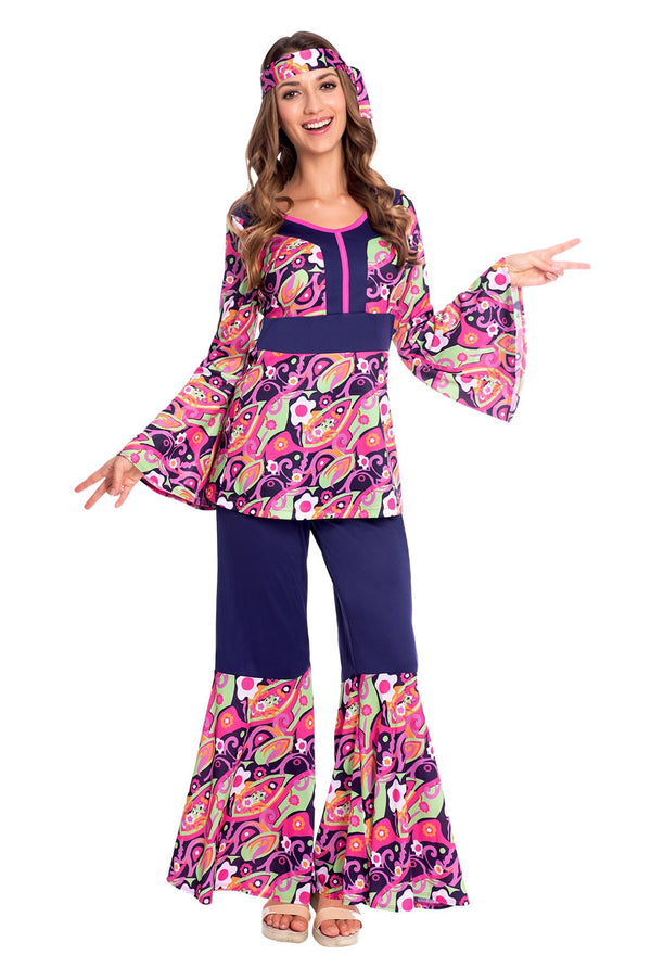 Women's 70s hippie costume with paisley bell-sleeves and flared pants on white background
