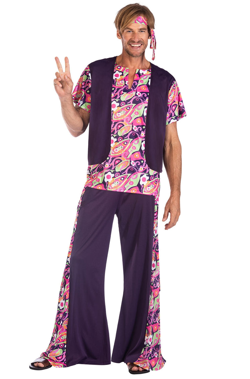 Men's purple groovy hippie costume with psychedelic paisley bell bottoms and vest