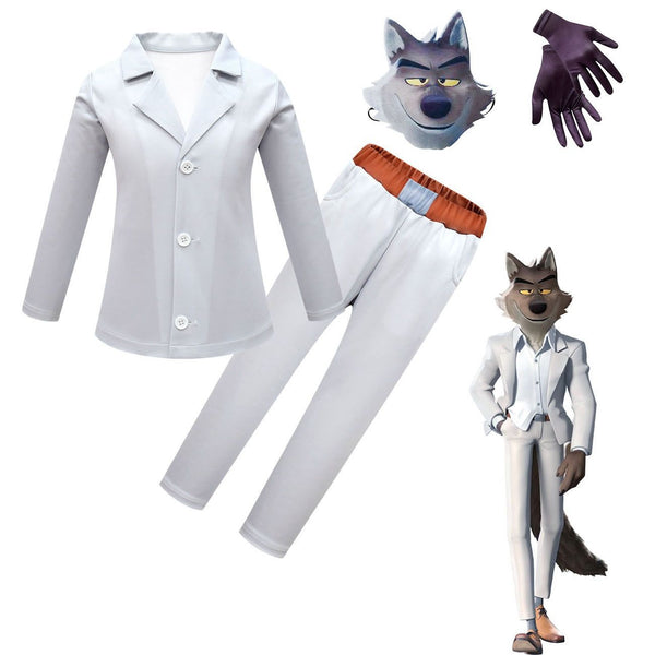 Kids grey wolf costume with suit jacket, pants, character mask and gloves laid flat