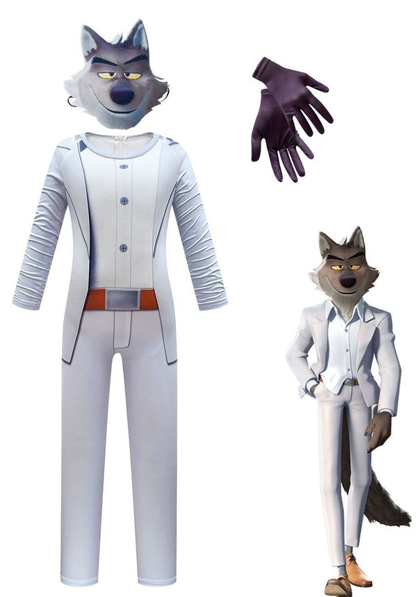 Kids grey wolf costume jumpsuit with printed suit details and orange belt