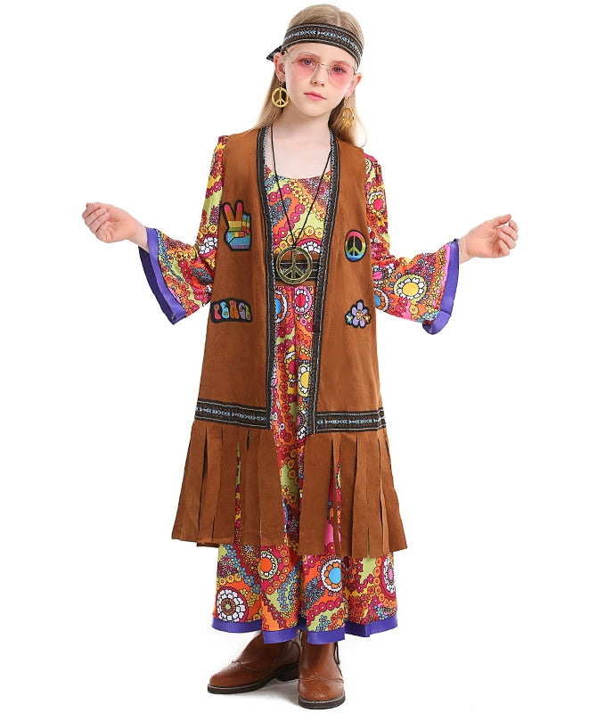Girls hippie costume with psychedelic print dress, fringed vest, and braided headband