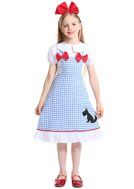Kids gingham Dorothy dress with red bow headband and Toto dog appliqué