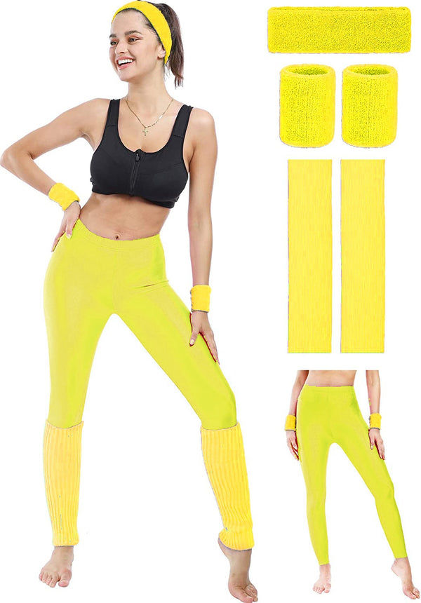Yellow Adult 80s Aerobics Costume Set - Neon Leggings Leg Warmers Headband (Copy)