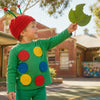 Australian primary-school kid dressed as Eric Carle's Very Hungry Caterpillar holding a leaf with a bite taken out