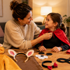 Parent and child making a last-minute Book Week costume at home