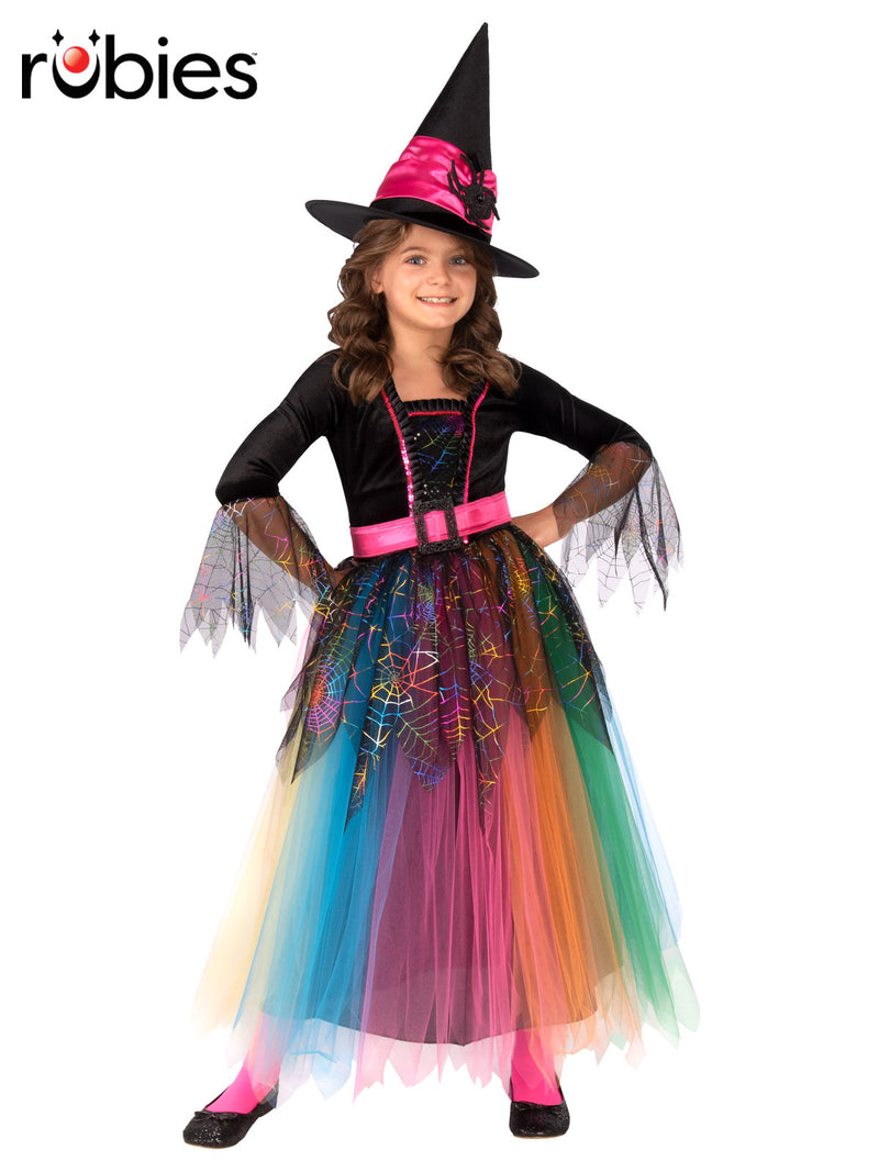 Girls rainbow spider witch costume with layered tulle skirt and pointed hat