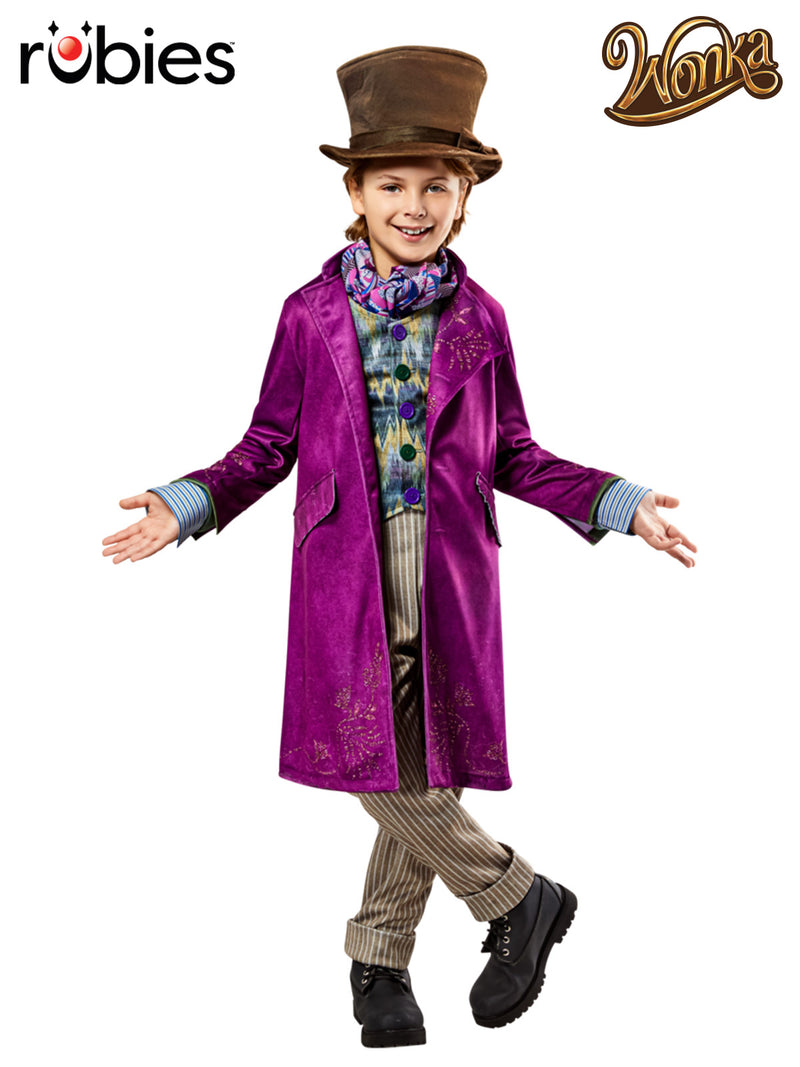 Kids Willy Wonka costume with purple velvet tailcoat, brown top hat, striped pants and colorful vest